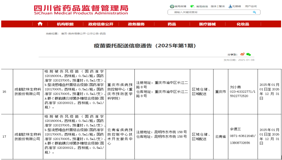 疫苗委托配送信息通告(2025年第1期)
